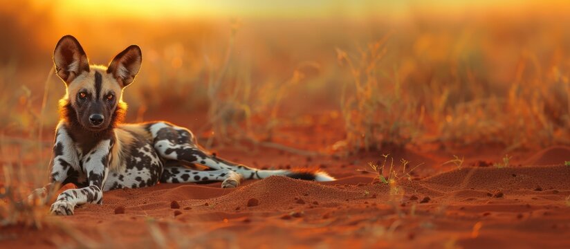 A wild African painted dog rests on the sandy ground during sunset. The dog has a unique coat with patches of black, brown, and white, blending into the warm landscape.