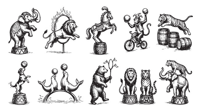 A vintage black and white illustration features various circus animals performing tricks, including a lion jumping through a fiery hoop, an elephant balancing, and seals juggling balls.