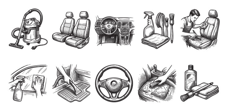 Detailed illustration set showing various car interior cleaning tools and actions, including vacuuming, scrubbing, wiping, and polishing for a detailed clean.