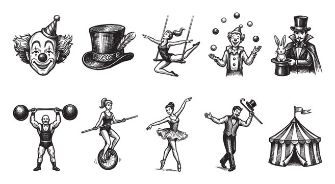 A vintage black and white illustration collage depicts various circus performers and attractions, including a clown, a magician, a strongman, ballerinas, and a circus tent.