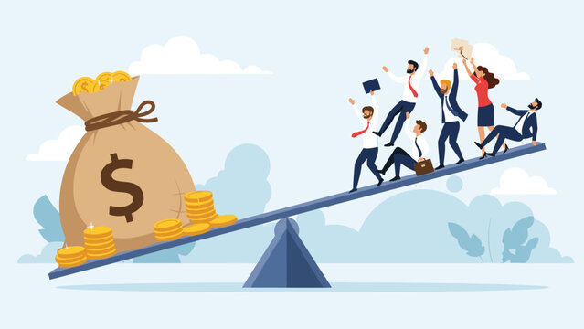 Conceptual illustration of business people on a see-saw being outweighed by a giant bag of money and gold coins.