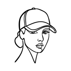 Logotipo con dibujo minimalista de una única línea de la cabeza de una mujer con gorra de béisbol para uso casual y deportivo  © teracreonte