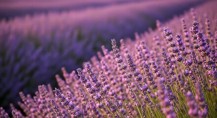 Naklejka premium Beautiful lavender field in Provence France at sunset with soft purple hues and a gentle breeze creating a serene and romantic atmosphere perfect for relaxation and aromatherapy