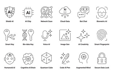 Fototapeta premium Artificial intelligence and technology vector icon set featuring cybersecurity, machine learning, data processing, neural networks, and digital innovation for modern designs.