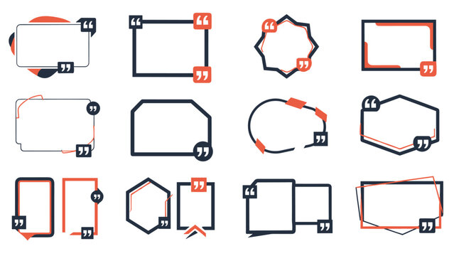Extensive set of various empty quote box templates with different geometric shapes and dark quotation mark icons for messages.