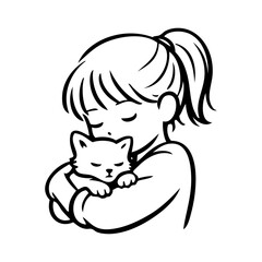 Amor por las mascotas. Dibujo minimalista con líneas de una niña abrazando a un gatito  © teracreonte