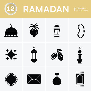 Ramadan icons set for Islamic holy month celebration events.