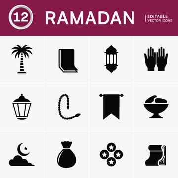 Ramadan icons set for Islamic holy month celebration events.