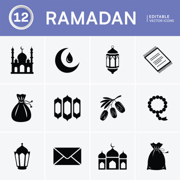 Ramadan icons set for Islamic holy month celebration events.