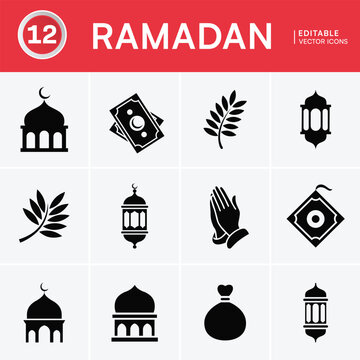 Ramadan icons set for Islamic holy month celebration events.