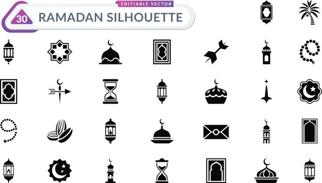 Ramadan icons set islam religious holiday symbols editable vector.