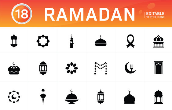 Ramadan icons set islam religious holiday symbols editable vector.