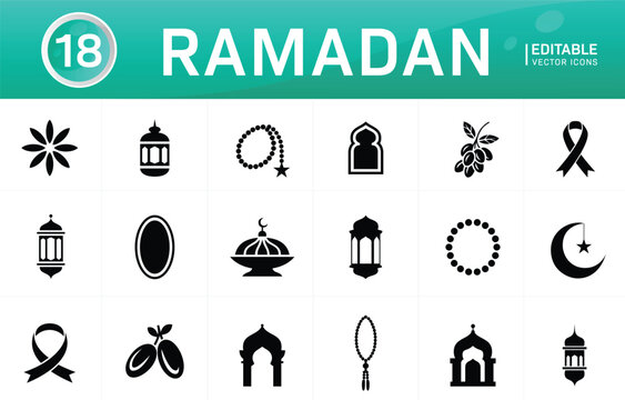 Ramadan icons set islam religious holiday symbols editable vector.