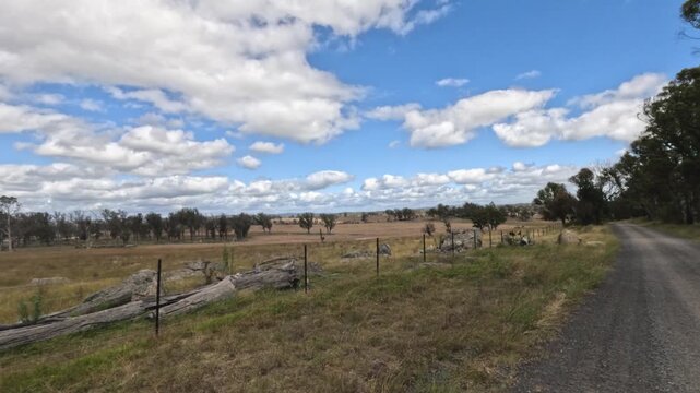 Dusty dirt road winds through dry Australian outback landscape under cloudy sky.