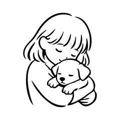 Amor por las mascotas. Dibujo minimalista con líneas de una niña abrazando a un cachorro de perro  © teracreonte