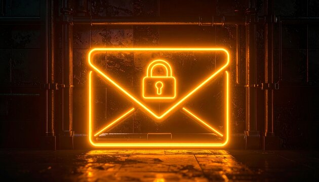 Glowing neon envelope with padlock symbolizing secure encrypted email