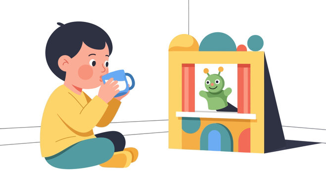 Child playing with puppet theater, drinking from cup, imagination, childhood fun
