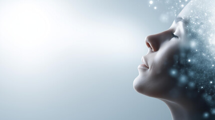 Obraz premium Faceless artistic wide banner of a human silhouette merging with glowing digital particles and neural patterns on a bright clean background, human-technology concept, digital transformation, AI