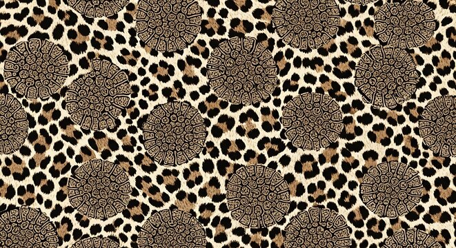 Abstract seamless pattern featuring a mixture of leopard spots and geometric circular textures. illustration