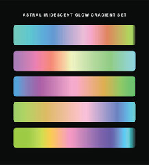 Fototapeta premium Astral iridescent glow gradient set vector illustration. Five horizontal color swatches displaying pastel neon blends. Black backdrop.