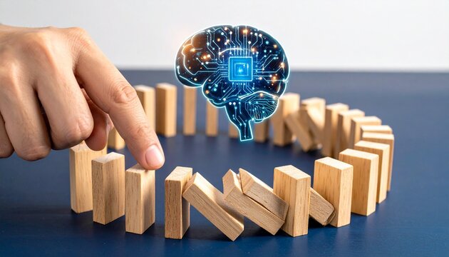 Hand pushing dominoes with glowing brain symbolizing AI decisions
