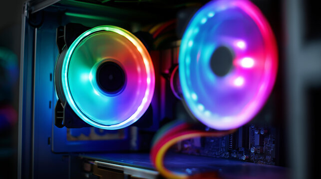 Faceless close-up of the inside of a desktop computer showing cooling fans, heatsinks, and colorful cables in a bright tempered glass case, hardware detail, computing technology, modern PC