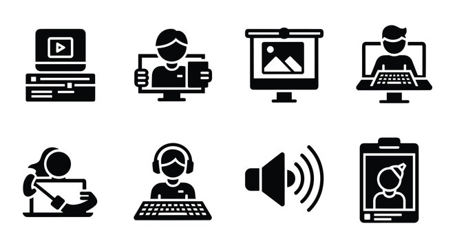 Online education solid icons set, 8 digital learning vector elements, remote study and webinar glyph symbols for web design and mobile apps