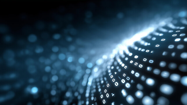 Faceless artistic close-up of a bright glowing binary code stream flowing in a spiral, systems engineering visualization, communication networks, digital transformation concept, with copy space.