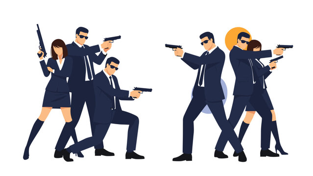 Group of secret agents or spies dressed in formal business suits and holding various handguns and shotguns in action poses.