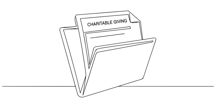 Hand-drawn folder with charitable giving documents line illustration.