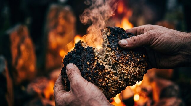 Hands breaking steaming charred bannock bread over a glowing Celtic bonfire