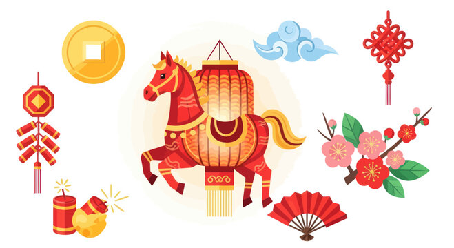 Chinese New Year Horse Lantern, Firecrackers, Lucky Knot & Plum Blossom Decorations