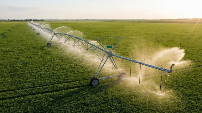 Center pivot irrigation sprays water over a wide green crop field at golden hour, mist drifts across rows, the scene feels calm and productive