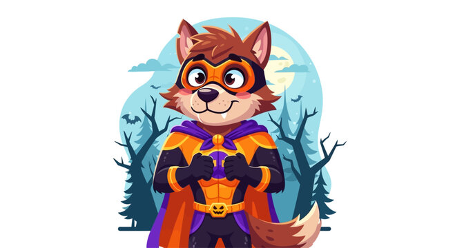 Cute cartoon wolf superhero in costume, standing against a spooky forest and moon background
