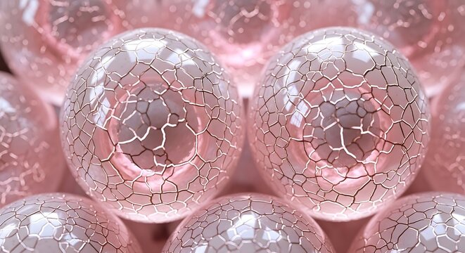 A close up view of several spherical objects with cracked pink textures arranged in a grid pattern illustration