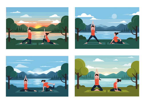 湖のほとりでヨガをする人々、自然と調和したリラックスした風景が描かれている。