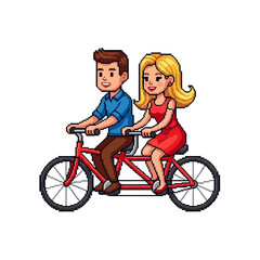 Obraz premium 自転車に乗る男女のピクセルアートキャラクター、笑顔で楽しそうに乗っています。