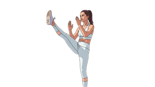 Woman wearing workout gear performs a high kick on a transparent background PNG