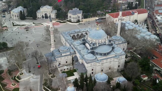 Beyazit mosque with the wide view of the Istanbul delta, fly back shot
