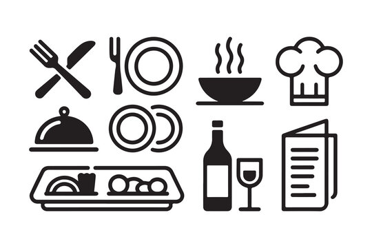 Kitchen and restaurant icons set featuring chef hat dining plates wine bottle menu and food service graphics.