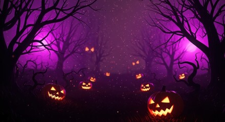 Fototapeta premium Spooky halloween forest with glowing jackolanterns and eerie purple light