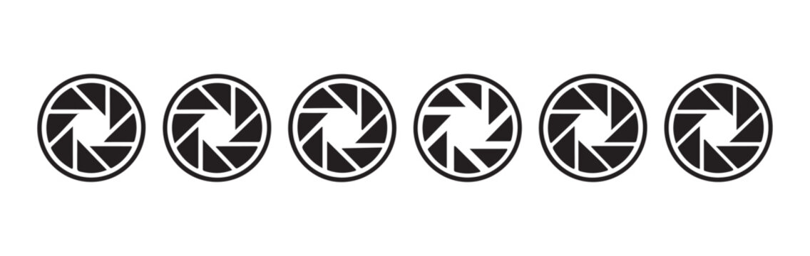 Six circular camera aperture diaphragm icons showing varying blade arrangements for light control.