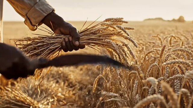 Farm view of hands harvesting golden wheat with a sickle