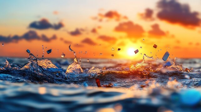 Ocean waves crashing at sunset, vibrant splash