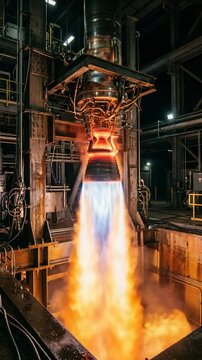 Rocket engine firing on test stand, powerful flame and exhaust plume, aerospace engineering and propulsion technology, industrial facility testing space hardware