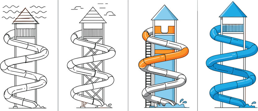 Colorful playground slides and mountain landscape icon set with water slide towers outdoor recreation elements flat illustration collection