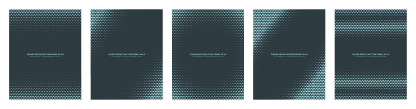 Cyan square halftone pattern set, vertical vector frames in 4:5 aspect ratio. Abstract modern geometric bricks grid, diagonal and radial dotted texture bundle for social media and tech design projects