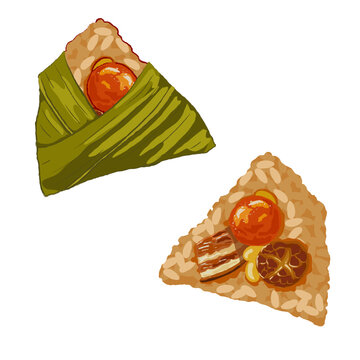 Isolated wrapped and unwrapped zongzi on white background, a Sticky Rice Dumplings filled with various ingredients such as salt egg yolk, pork belly, mushroom and ginkgo. Close up hand drawing vector 