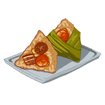 Zongzi, a Sticky Rice Dumplings filled with various ingredients such as salt egg yolk, pork belly, mushroom and ginkgo. Isolated wrapped and unwrapped zongzi on the plate. Close up hand drawing vector