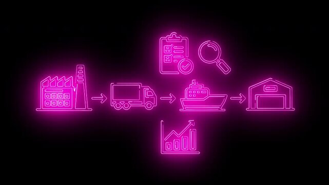 Neon pink flowchart icons on a black background with a warehouse, truck, and graph.